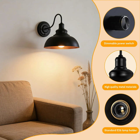Industrial Black Wall Sconce With Dimmable Gooseneck Lighting And On Off Dimmer Switch in living room, vintage farmhouse style