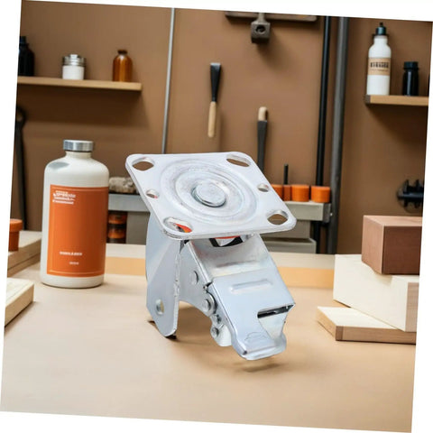 Badass Heavy Duty Swivel Caster Bracket 4 Inch Rotatable Steel Wheel Frame With Brake on workshop table.