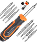 18 In 1 Multi Bit Screwdriver Set With Ergonomic Handle Portable All In One Tool Kit For Slotted Phillips Pozidriv Torx Square And Nut Driver Bits Pro Grade Heat Treated Bits For Home DIY Projects on display with bits shown