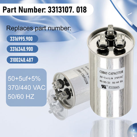 RV Air Conditioner Run Capacitor 50/5uF 370VAC Replacement for 13500 BTU A/C Units with labels showing specifications
