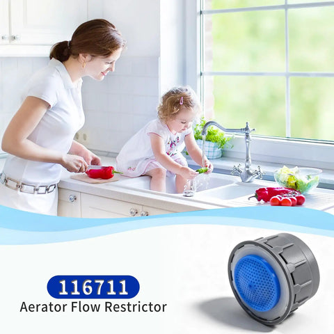 Durable Two Pack 116711 Faucet Aerator With 1.5 Gpm Flow Restrictor view in kitchen sink during use by mother and child.