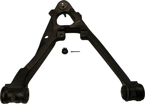 Front view of Front Left Lower Suspension Control Arm And Ball Joint Assembly Fits Chevrolet Silverado 1500, Cadillac Escalade ESV EXT And Suburban; Durable, Easy Install For Smooth Ride And Precise Alignment., black steel control arm with ball joint and hardware