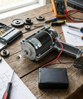 High Torque 12V DC Brushed Motor, 30W, 3500RPM, Reversible CW CCW on workbench with tools and gears