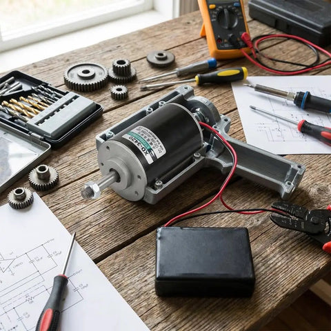 High Torque 12V DC Brushed Motor, 30W, 3500RPM, Reversible CW CCW on workbench with tools and gears