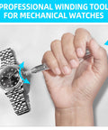 7 Piece Crown Winding Set For Mechanical Watches in use, adjusting a watch crown, showcasing precise tool handling.