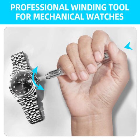 7 Piece Crown Winding Set For Mechanical Watches in use, adjusting a watch crown, showcasing precise tool handling.