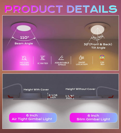 Diagram of 4 Pack 6 Inch Gimbal Smart WiFi LED Recessed Lights RGBCW Color Changing Works With Alexa And Google Assistant No Hub Required