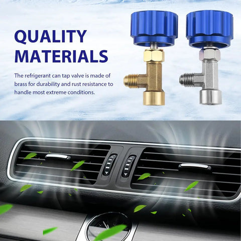 Image showing brass and silver taps from 4 Pack R134a Can Tap Kit With Self Sealing And Puncture Taps for car AC system blue.