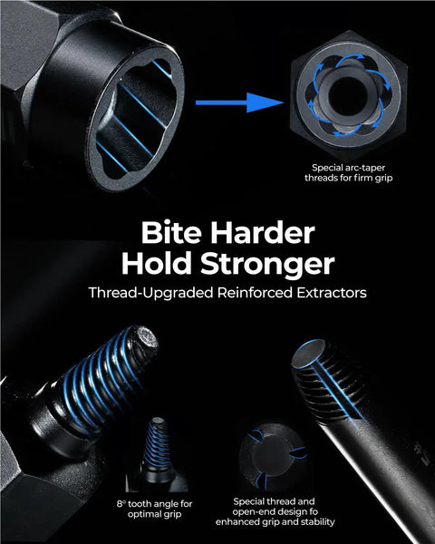 Close-up of reinforced extractors from 46 Piece Impact Bolt Extractor Kit For Stripped Bolts And Damaged Screws Bolt And Nut Remover Socket Tool Set Heavy Duty Fastener Extraction For Auto Repair And DIYers And Pros.