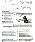 Instructions for Lit 100 Foot LED Rope Light Kit With 27000 Lumens, 6000K Pure White, showing connections and components.
