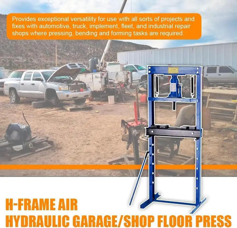 Bad Ass 12 Ton H Frame Hydraulic Shop Press For Auto Mechanics And Bearing Pullers in a workshop setting, showcasing its versatility.