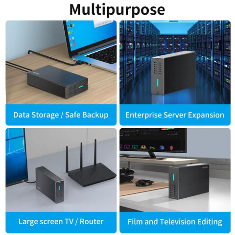 Rock Solid 2.5 Inch Dual Bay Hard Drive Enclosure USB 3.0 SATA HDD and SSD RAID box for data storage connected to computer.