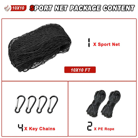 Heavy Duty Baseball And Softball Backstop Net 10x10 Feet For Backyard Practice Nylon Knotted Netting Barrier With High Strength PE Fiber, package including net, keychains, ropes.