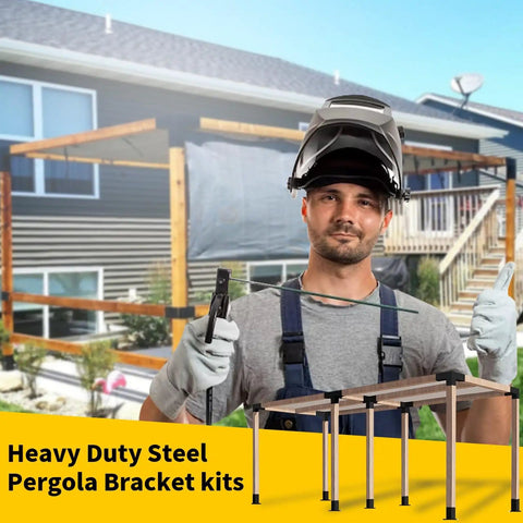 Man holding tools near a partially constructed pergola with heavy duty steel pegs for 5 Way Right Corner Pegola Bracket Kit For 4x4 Lumber Diy Gazebo Pergola Construction With Hardware Heavy Duty 14 Gauge Steel Corner Brackets For Patio Outdoor Projects Log Cabin 1 Pack in background