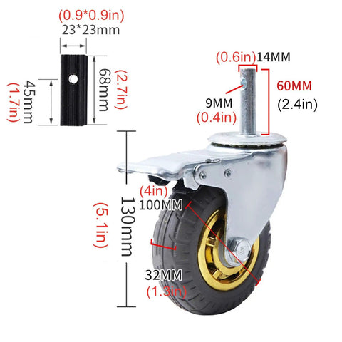 Heavy Duty Swivel Caster Wheels Set of 4 100mm Rubber Castors for Furniture Trolley & Moving Equipment M14x60mm Stem with Brake (125mm/5in) showing dimensions and details.