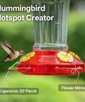 Close-up of 2 Pack 14 Ounce Plastic Hummingbird Feeders With Ant Moat And Bee Guard For Outdoors, showing feeding port and perch