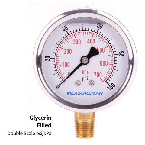 MeasureMan glycerin-filled pressure gauge, 2.5 in dial, stainless steel case, 0-100 psi / 0-700 kPa, lower mount.