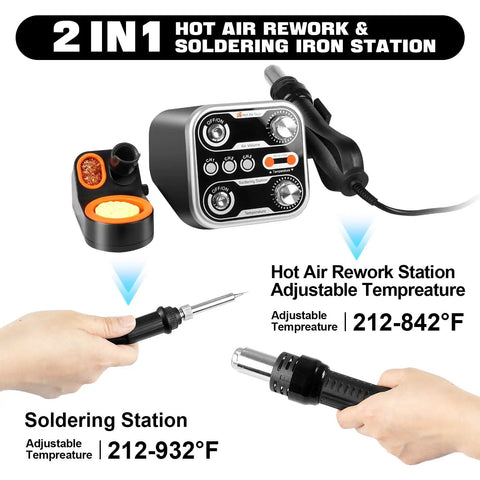 All In One Hot Air Rework And Soldering Station With 760W High Power, Digital LED Display, shown with temperature settings in use