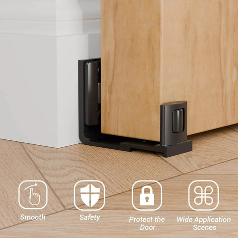 CCJH Sliding Barn Door Bottom Floor Guide With Adjustable Roller U Shape Flexible Flush Design Wall Mounted Black Dual Sided Concealed Pulleys installed on door