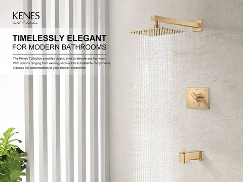 KENES Champagne Bronze Shower Set with Tub Faucet, Square Tub Shower Trim and modern wall controls in stylish bathroom.