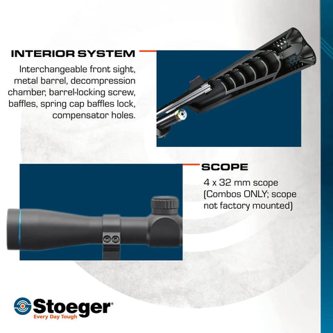 Interior system of XM1 PCP Air Rifle With Scope In.22 Caliber Realtree Edge Camouflage showing 4x32 scope details