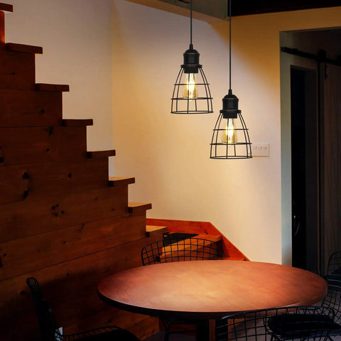 Plug In Farmhouse Cage Pendant Light Set Black Hanging Lights With 15 Ft Cord E26 Base Socket UL Listed 2 Pack over dining table