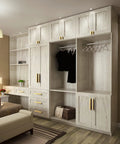 Bedroom with wardrobe featuring 12 Pack Light Brushed Brass Tilted Drawer Pulls for Cabinets, Solid Aluminum Alloy Finger Pull Handles.