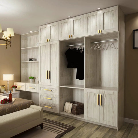 Bedroom with wardrobe featuring 12 Pack Light Brushed Brass Tilted Drawer Pulls for Cabinets, Solid Aluminum Alloy Finger Pull Handles.