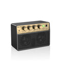 Portable 10W Electric Guitar Amplifier With Clean Drive Channel Pure Analog Tone USB C Rechargeable Bluetooth and 3.5mm Headphone AUX Jack Ultra Portable Practice Amp For Home Dorms And On The Go, front view with control knobs visible.