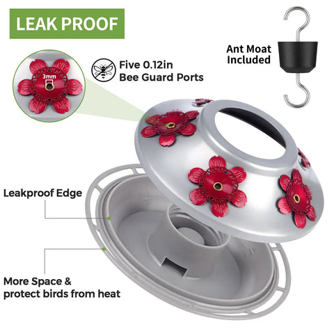 Close-up of the Hand Blown Glass Hummingbird Feeder With Ant Moat And Bee Proof Ports For Outdoor Hanging Leak Proof design.