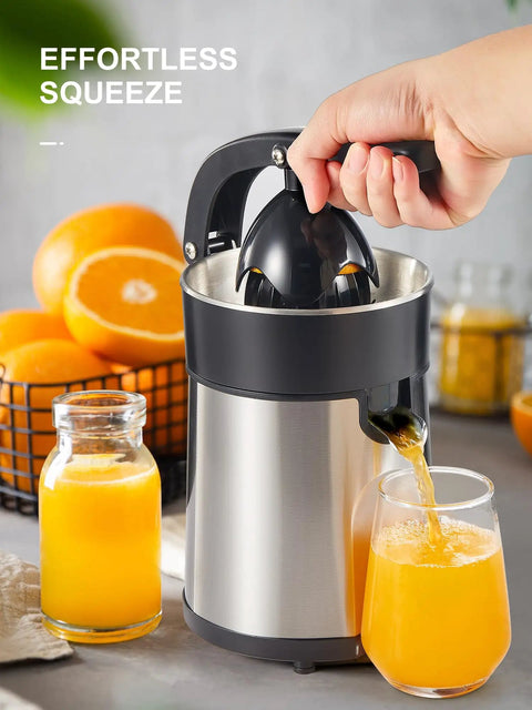 Ditch the Squeeze Work! This Electric Citrus Juicer with two cones extracts orange juice into a glass, showcasing its design.