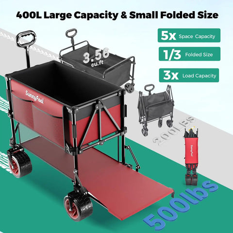 Double Deck Folding Wagon Cart With Beefy All Terrain Wheels And Drop Down Tailgate Heavy Duty 500 Lbs Capacity Utility Wagon For Camping Garden Sports And Outdoor Gear 400L Large Capacity Collapsible For Easy Transport