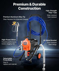 Pro Level Stand Airless Paint Sprayer With Sturdy Rolling Cart 1500W Motor visible with durable aluminum tip and blue hose.