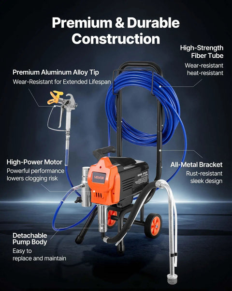 Pro Level Stand Airless Paint Sprayer With Sturdy Rolling Cart 1500W Motor visible with durable aluminum tip and blue hose.