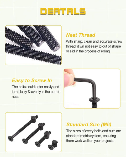 Heavy Hitter Crib Screws Hardware Replacement Kit provides twenty eight pieces of M6 black screws with neat threading for cribs.