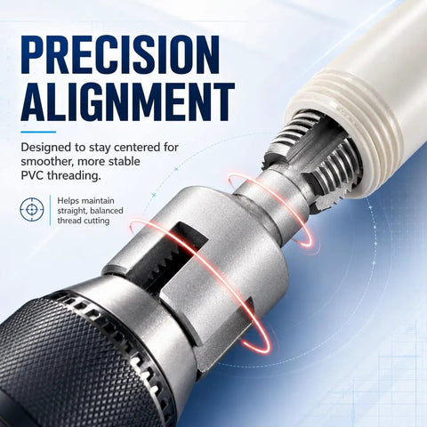 PVC Pipe Threader Kit For 1/2 3/4 1 Inch Plastic Pipes With Internal And External Threading Tool Drill Compatible Includes 3 Hex Adapters Gloves And Thread Seal Tape For Quick Pro Quality Pipe Connections. Precision alignment on drill-compatible PVC threader for plastic pipes