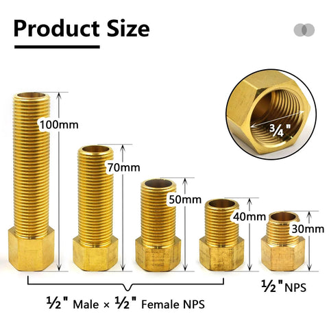 Brass 1/2 in male-to-female extension adapters, 5-pack from Amazon, lengths 30/40/50/70/100 mm