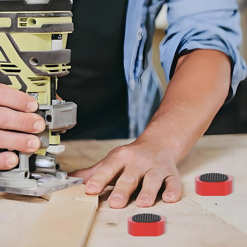 Woodworker using tools with 12 Pack Three Quarter Inch Bench Dogs For Woodworking Red Dog Hole Clamps For Tight Boards in view.