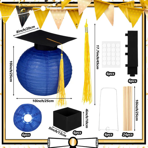 Six Set Graduation Table Centerpieces With Hot Air Balloon Paper Lanterns And Tassel Caps Royal Blue Party Supplies components