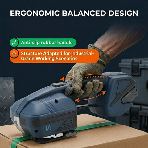 Fengxcxy Handheld Electric PET Strapping Machine With Adjustable Tension For PP PE Plastic Bands Lightweight Portable Tool in use with ergonomic handle.