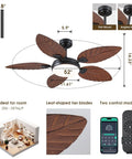 52 Inch Brown Tropical Outdoor Palm Leaf Ceiling Fan With Integrated Lights And Wireless Remote, showcasing dimensions and features.