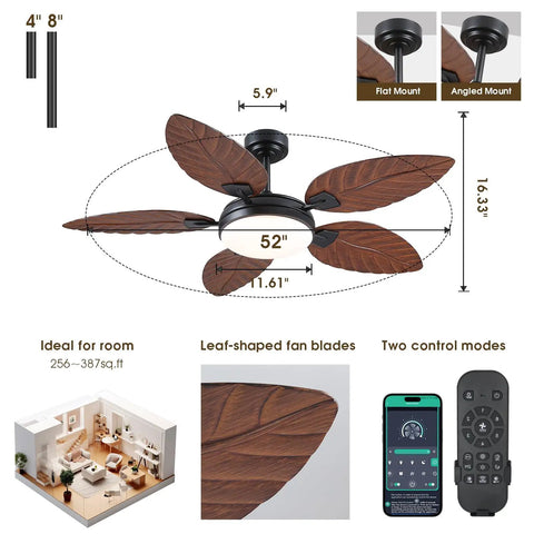 52 Inch Brown Tropical Outdoor Palm Leaf Ceiling Fan With Integrated Lights And Wireless Remote, showcasing dimensions and features.