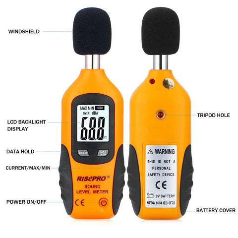 Front and back view of Digital Sound Level Meter With Backlight 30-130 dB Range Data Hold MAX/MIN Auto Power Off HT-80A.
