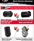 Comparative image showing 14x1.50 Lug Nuts Set Black Chrome vs Black Electrophoresis and Factory Stainless Steel durability