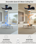 ABS Ceiling Fan with 3 Color Temperature LED Light and Remote Control showing summer and winter airflow directions in living room.