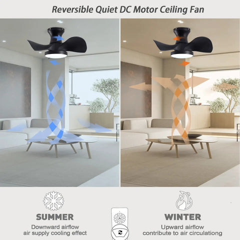 ABS Ceiling Fan with 3 Color Temperature LED Light and Remote Control showing summer and winter airflow directions in living room.