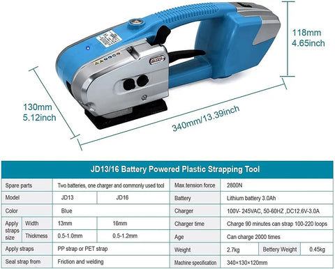Premium Automatic Welding Strapping Machine With 3000mAh Battery Cordless Electric Strapping Tool shown from the side.