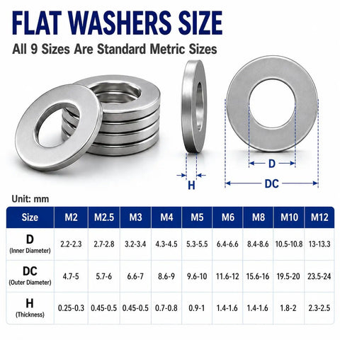 Pro Grade Stainless Steel Flat Washer Set In Durable Case, 570 Piece Metric Assortment size chart M2 to M12