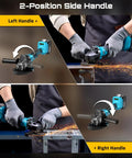 Cordless 21V Angle Grinder With Brushless Motor Delivers Up To 9500 RPM Lightweight 4-1/2 Inch Tool Includes 2x 4.0Ah Batteries A Real Workhorse For Metal Cutting And Grinding Durable And Easy To Handle in use with side handles