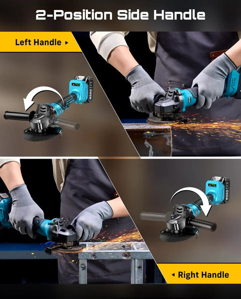 Cordless 21V Angle Grinder With Brushless Motor Delivers Up To 9500 RPM Lightweight 4-1/2 Inch Tool Includes 2x 4.0Ah Batteries A Real Workhorse For Metal Cutting And Grinding Durable And Easy To Handle in use with side handles